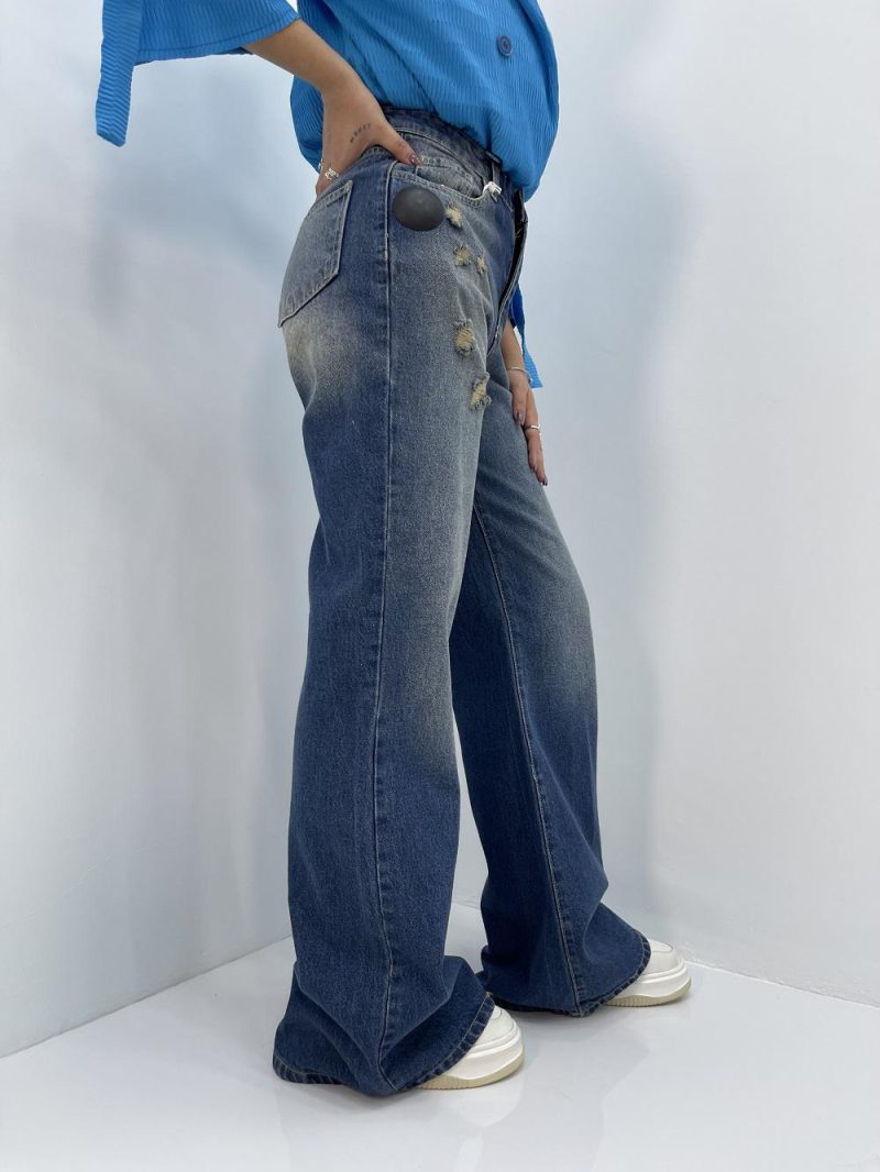 شلوار جین زنانه واید لگ بلند آبی سنگشور
