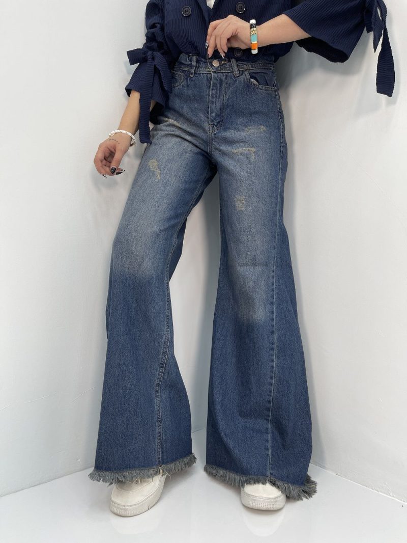 شلوار جین زنانه شافل آبی نفتی