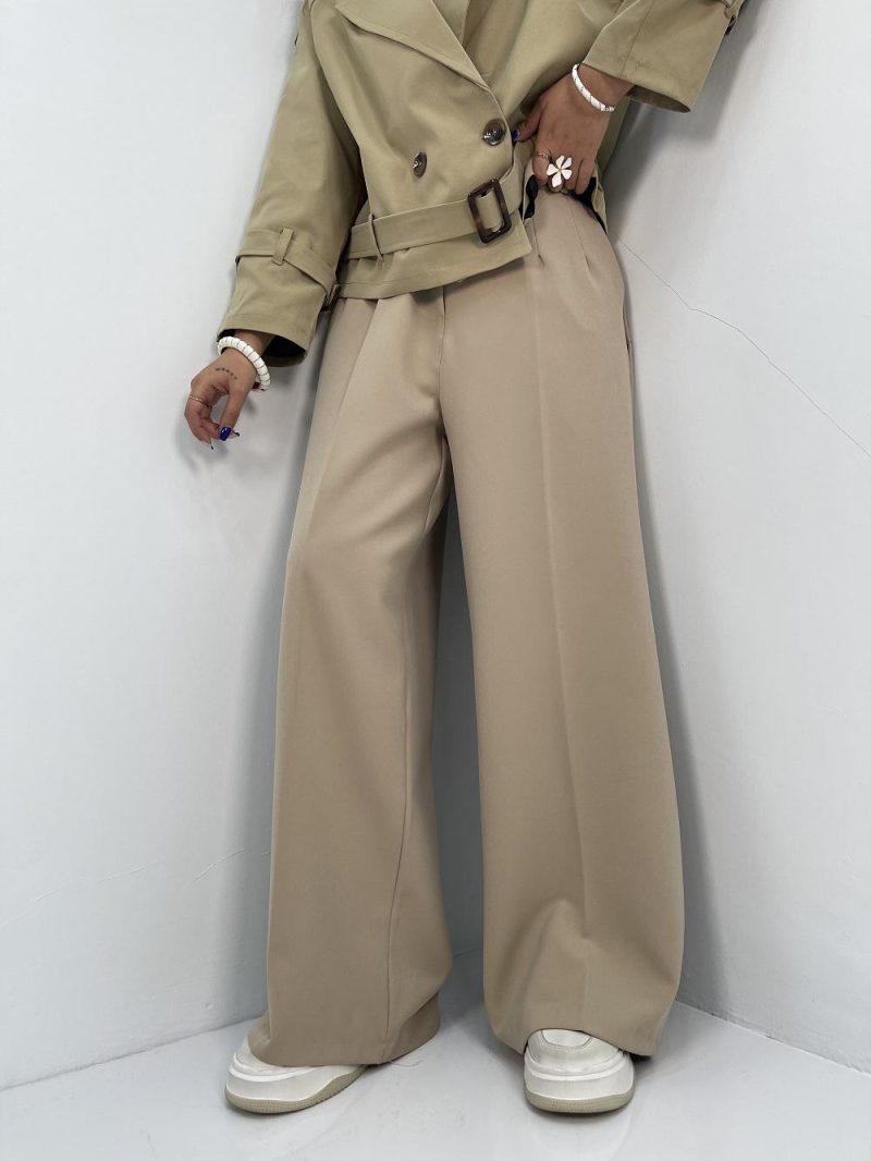 شلوار پارچه مازراتی فول بگ زنانه کرم روشن