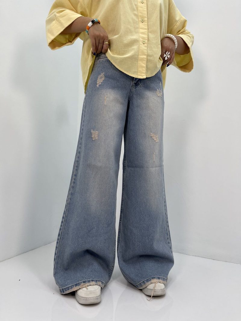 شلوار جین زنانه فول بگ آبی کثیف شور