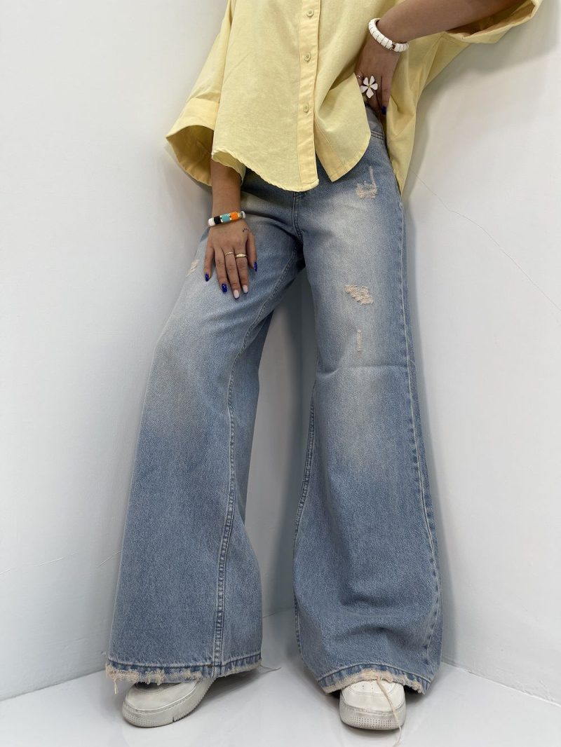 شلوار جین زنانه فول بگ آبی کثیف شور