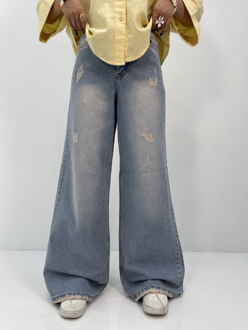 شلوار جین زنانه فول بگ آبی کثیف شور