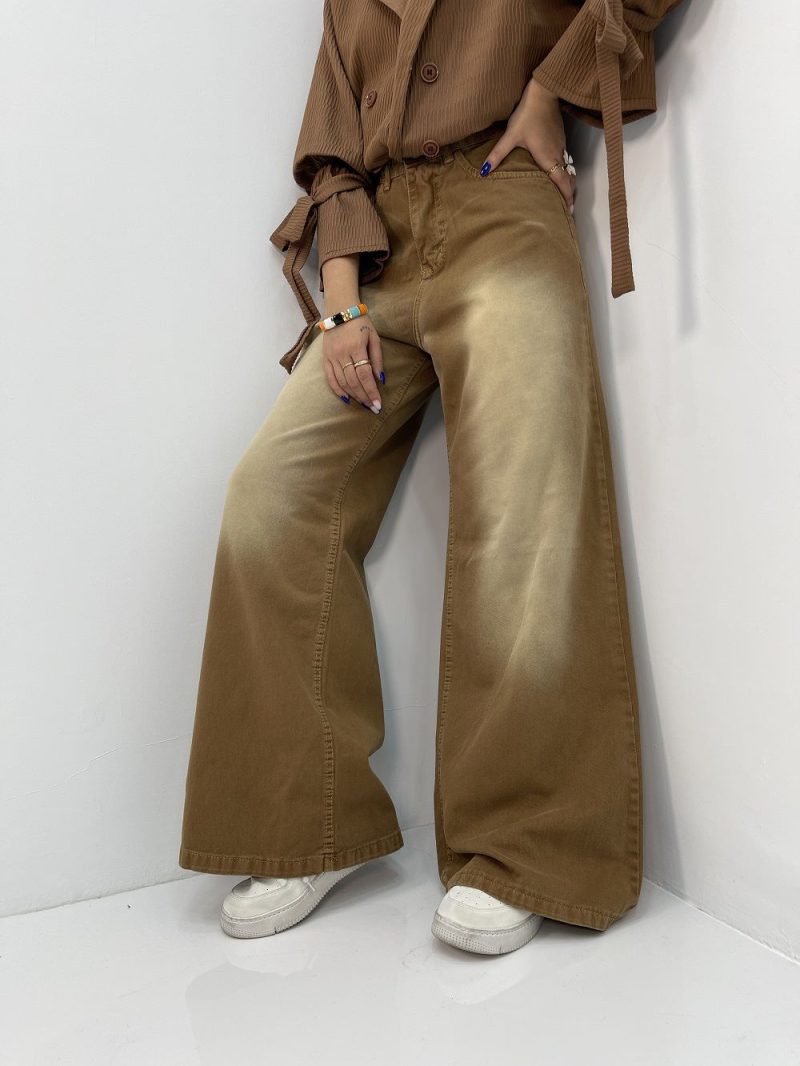 شلوار جین زنانه فول بگ کتان قهوه ای