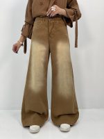 شلوار جین زنانه فول بگ کتان قهوه ای