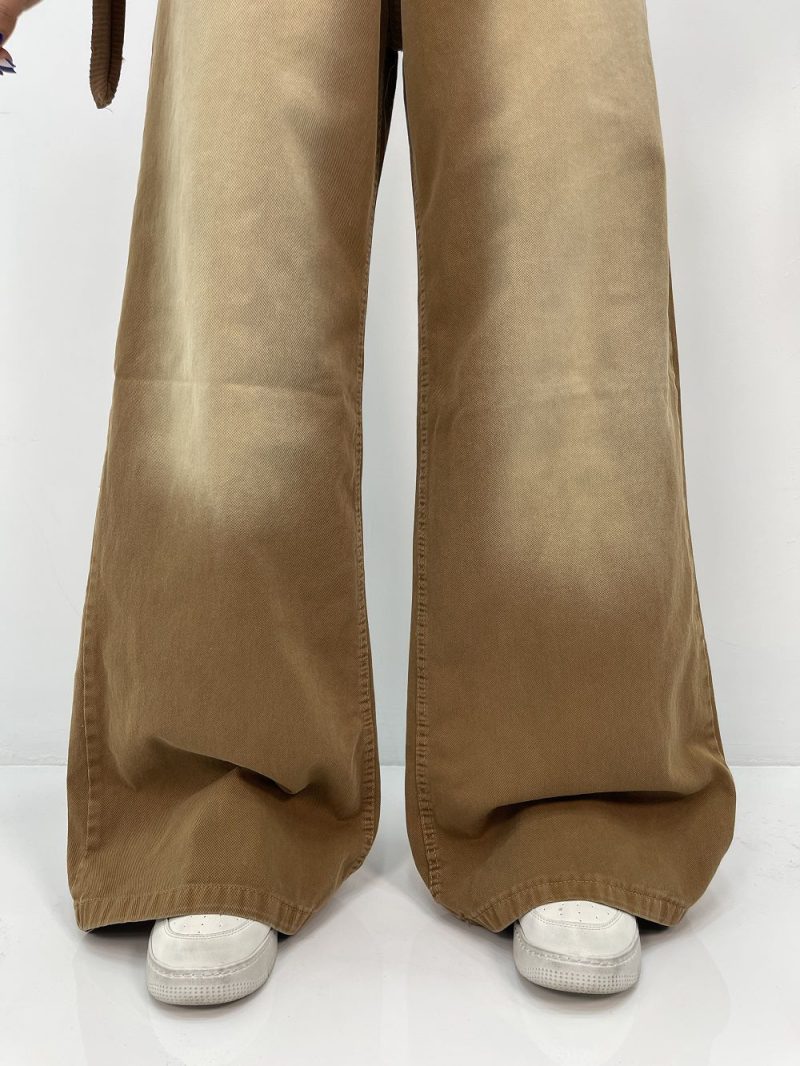 شلوار جین زنانه فول بگ کتان قهوه ای