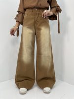 شلوار جین زنانه فول بگ کتان قهوه ای