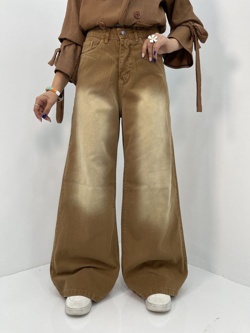 شلوار جین زنانه فول بگ کتان قهوه ای