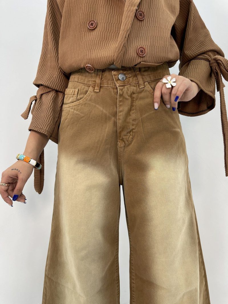 شلوار جین زنانه فول بگ کتان قهوه ای