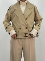 ترنچ کت زنانه کوتاه کتان زارا رنگ کرم