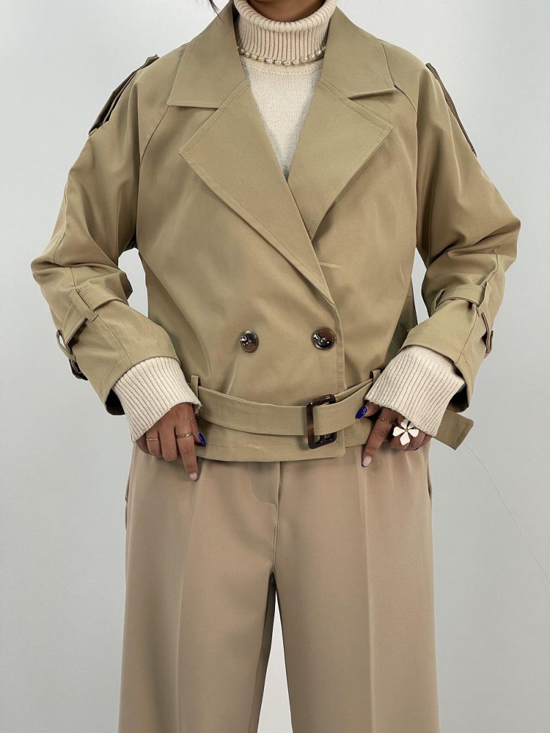 ترنچ کت زنانه کوتاه کتان زارا رنگ کرم