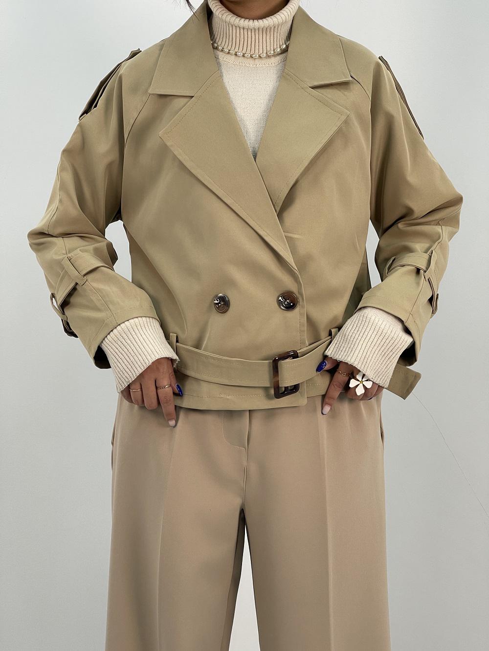 ترنچ کت زنانه کوتاه کتان زارا رنگ کرم