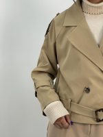 ترنچ کت زنانه کوتاه کتان زارا رنگ کرم