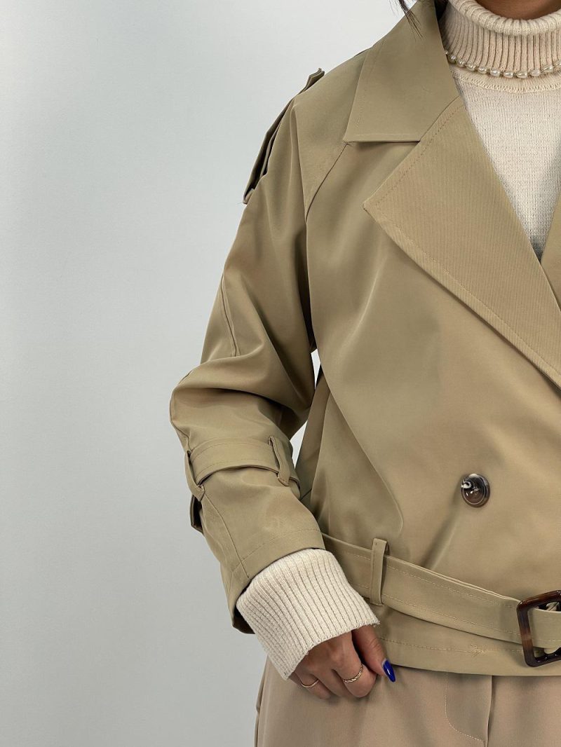 ترنچ کت زنانه کوتاه کتان زارا رنگ کرم