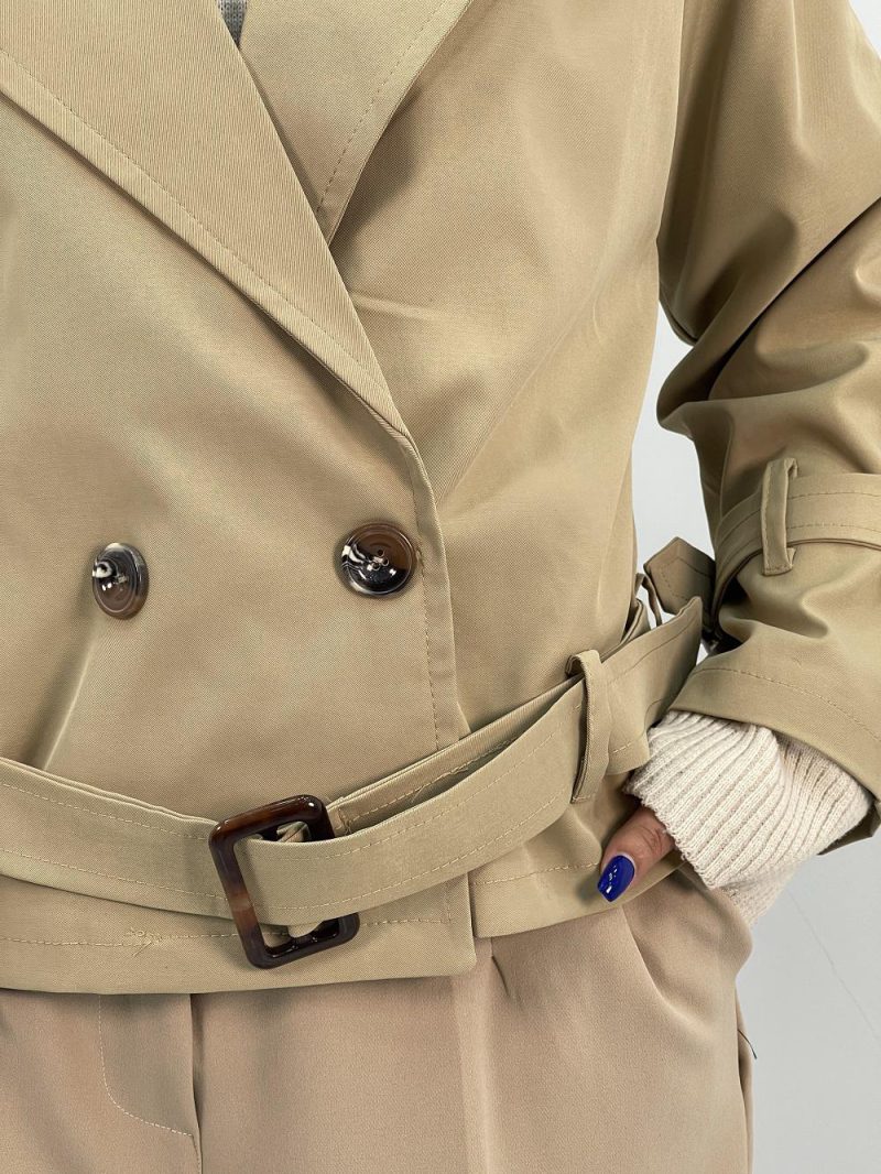 ترنچ کت زنانه کوتاه کتان زارا رنگ کرم