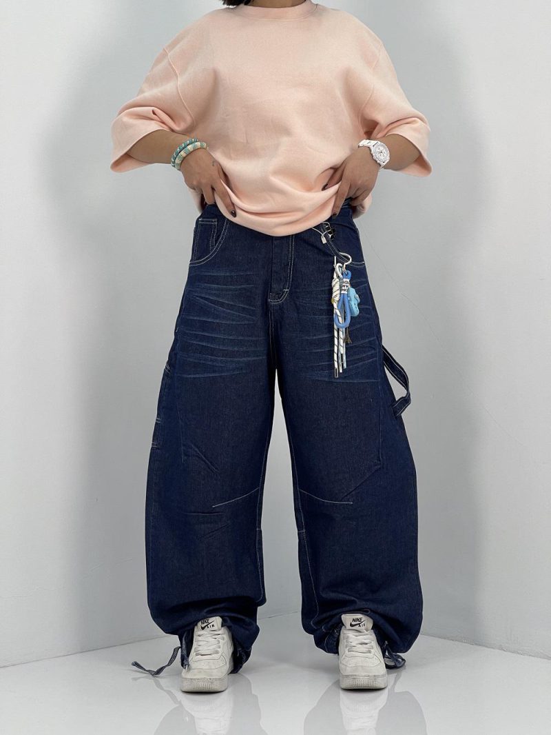 شلوار جین زنانه بالونی مکس آبی تیره با دوخت سفید