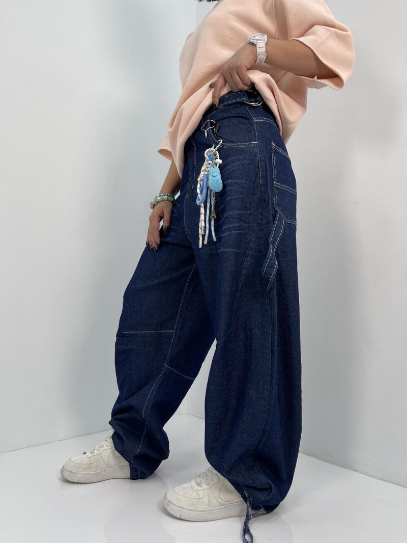 شلوار جین زنانه بالونی مکس آبی تیره با دوخت سفید