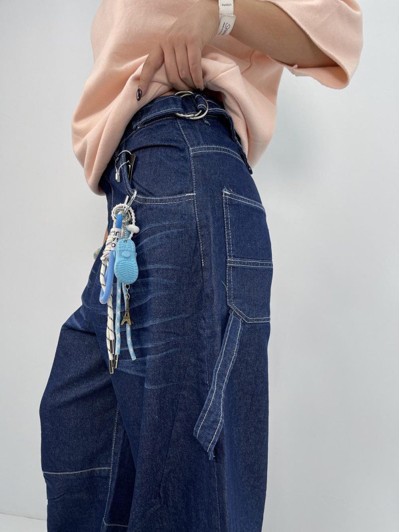 شلوار جین زنانه بالونی مکس آبی تیره با دوخت سفید