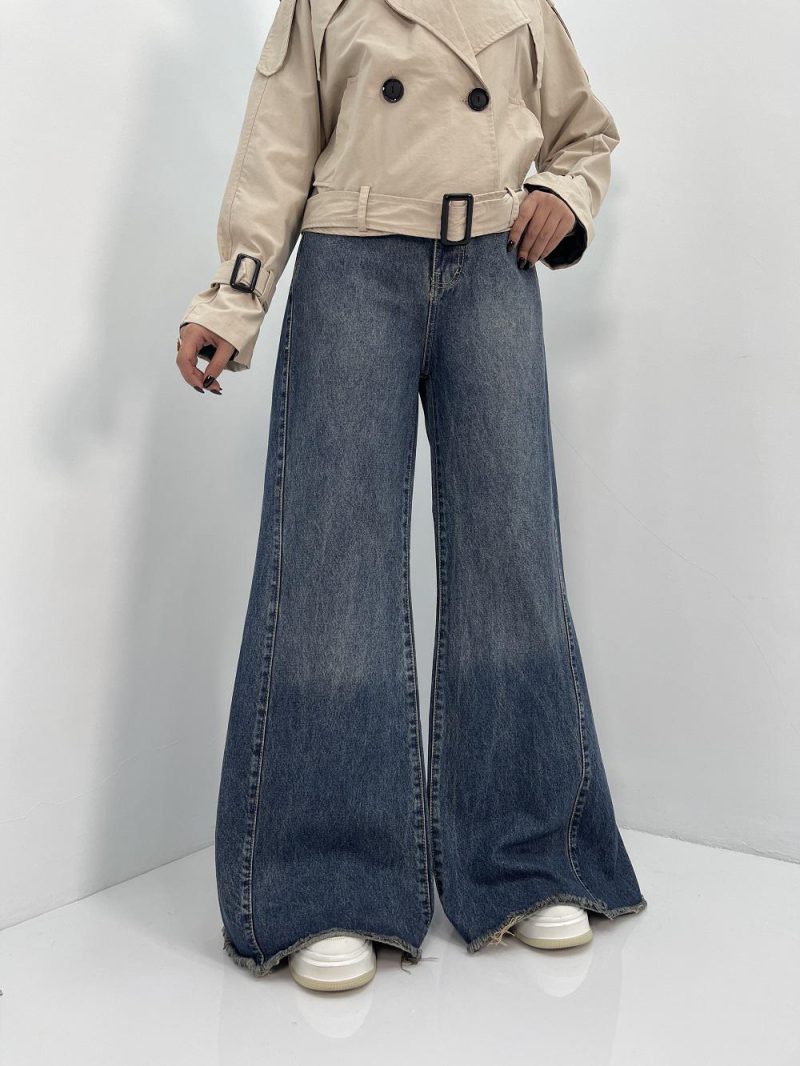 شلوار جین زنانه شافل آبی سنگشور سایز بزرگ