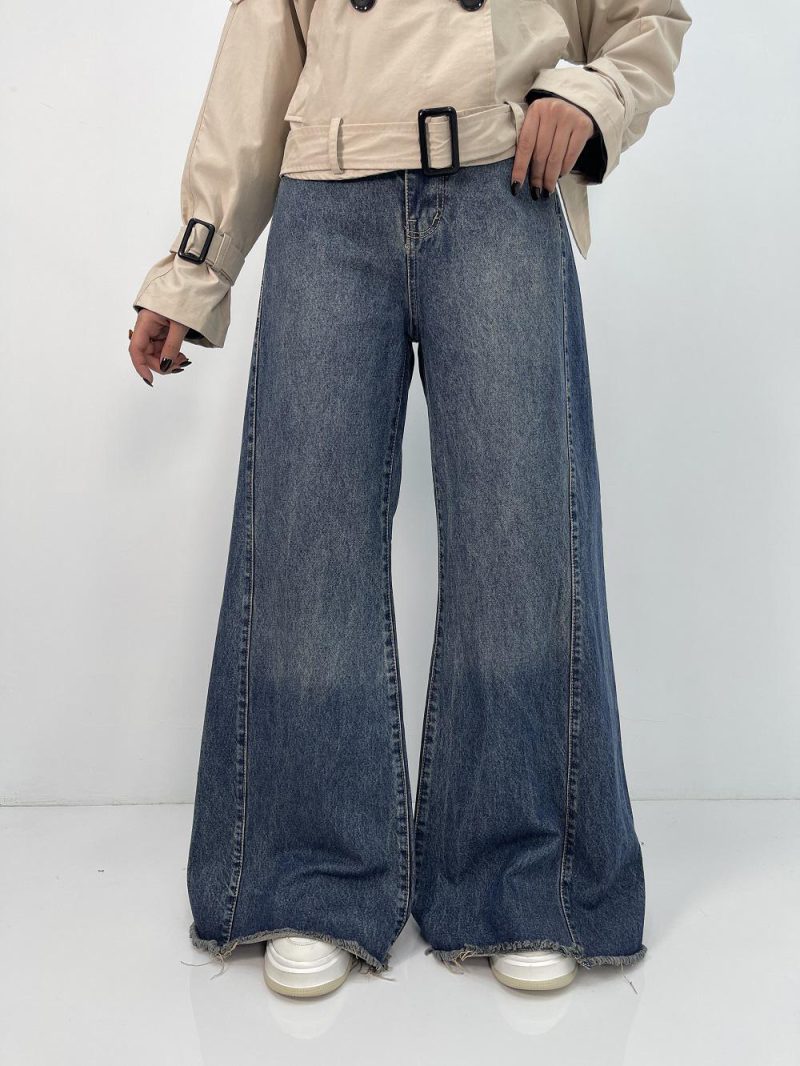 شلوار جین زنانه شافل آبی سنگشور سایز بزرگ