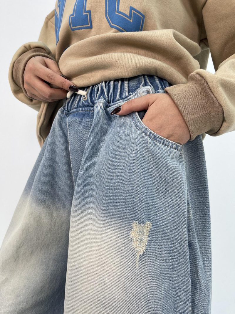 شلوار جین زنانه سوپر بگ کمر کش آبی یخی