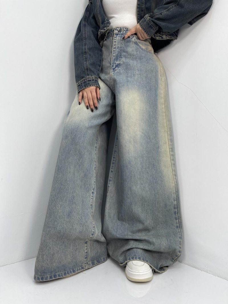 شلوار جین زنانه سوپر بگ آبی با سنگشور کرم