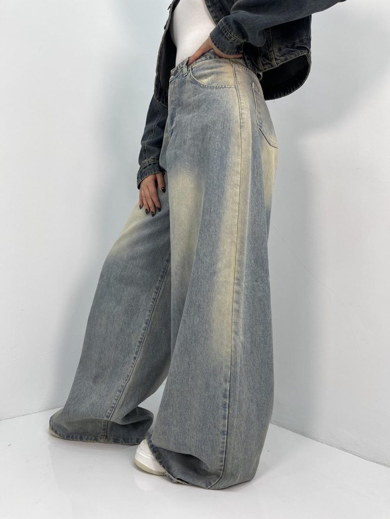 شلوار جین زنانه سوپر بگ آبی با سنگشور کرم