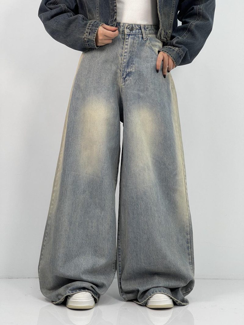 شلوار جین زنانه سوپر بگ آبی با تینت کرم