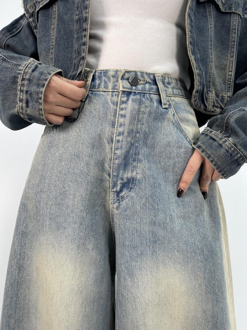 شلوار جین زنانه سوپر بگ آبی با سنگشور کرم