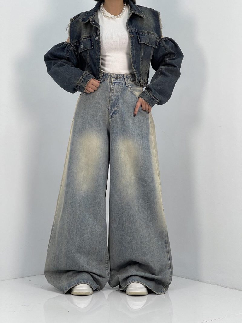 شلوار جین زنانه سوپر بگ آبی با سنگشور کرم