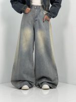شلوار جین زنانه سوپر بگ آبی با سنگشور کرم