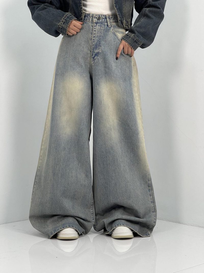 شلوار جین زنانه سوپر بگ آبی با سنگشور کرم