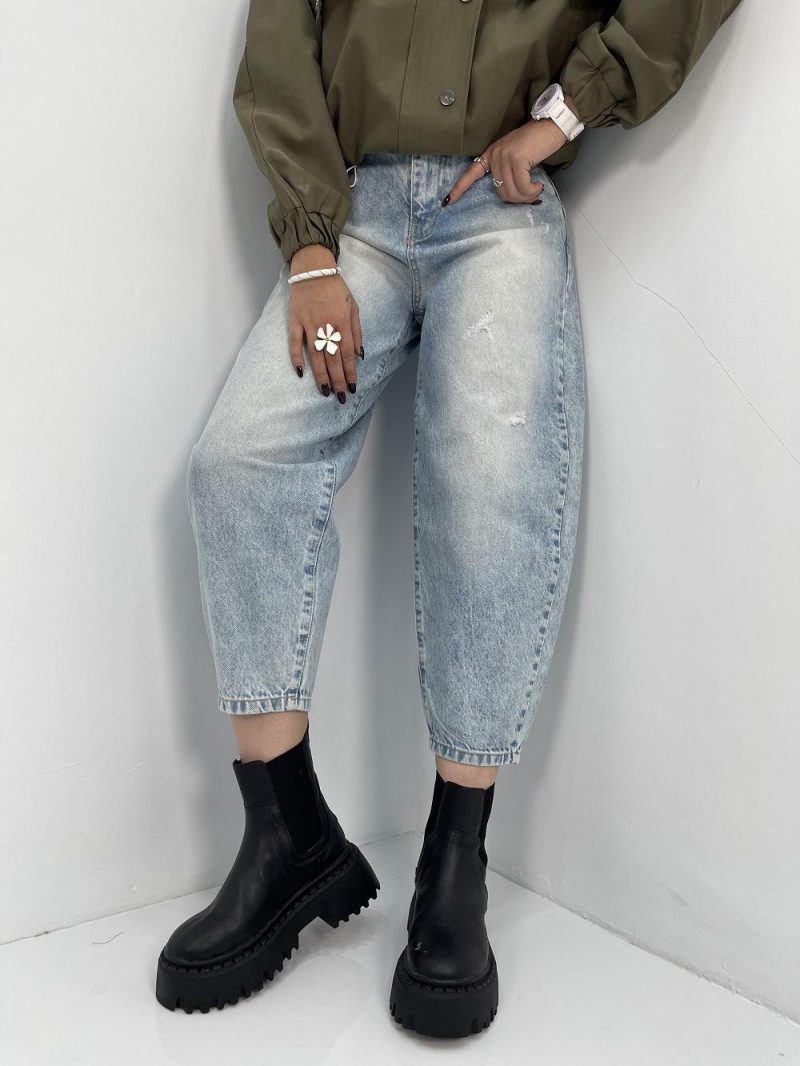 شلوار جین زنانه مام بالون آبی یخی