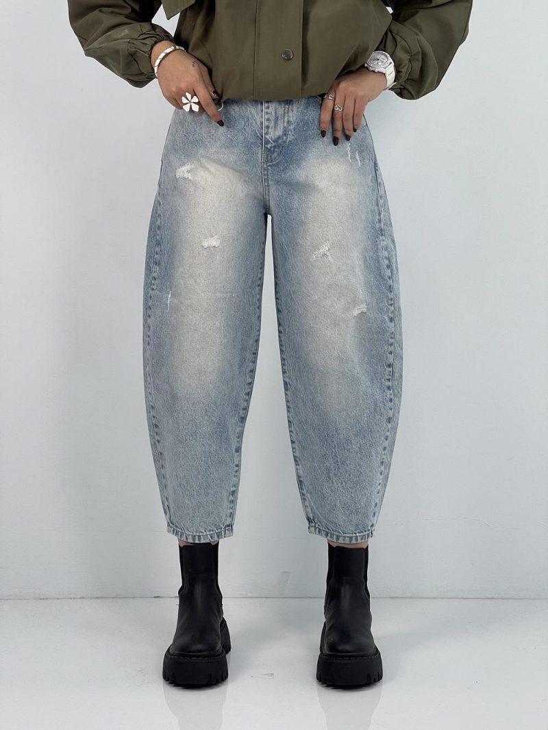 شلوار جین زنانه مام بالون آبی یخی