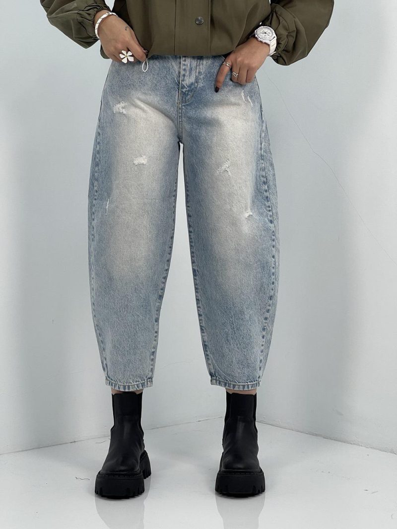 شلوار جین زنانه مام بالون آبی یخی