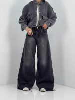 شلوار جین زنانه شافل بگ زغالی با سنگشور صدفی از بغل