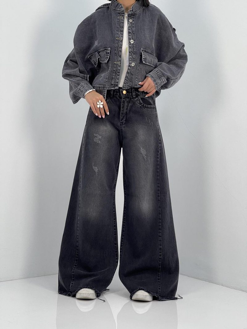 شلوار جین زنانه شافل بگ زغالی با سنگشور صدفی از بغل