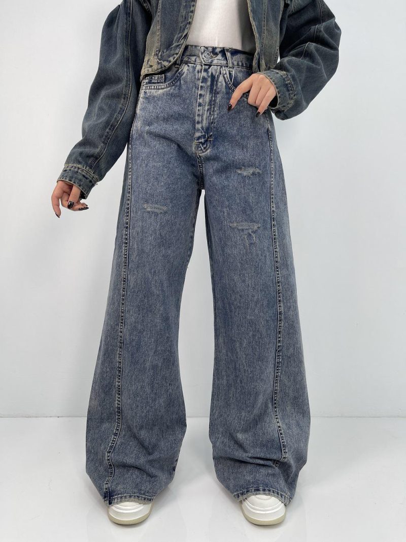 شلوار جین زنانه شافل بگ آبی کثیف شور