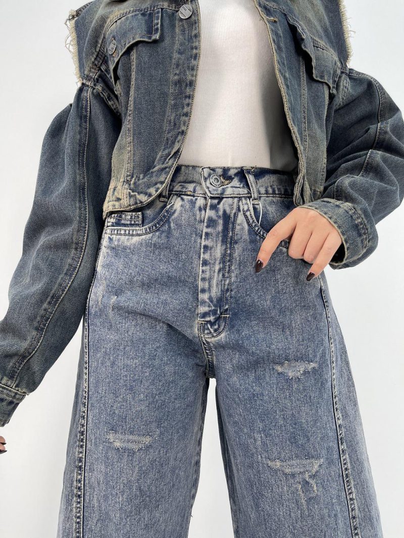 شلوار جین زنانه شافل بگ آبی کثیف شور