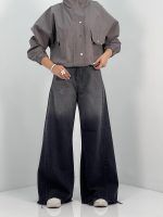 شلوار جین زنانه شافل بگ زغالی با سنگشور صدفی