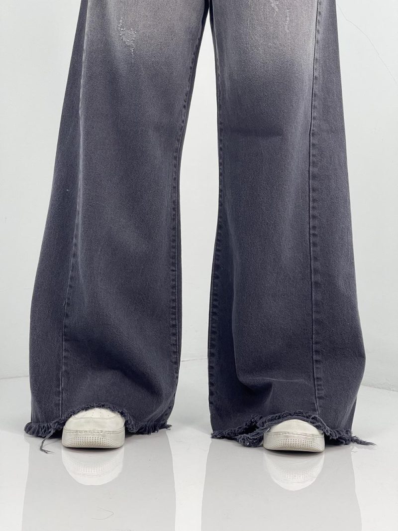 شلوار جین زنانه شافل بگ زغالی با سنگشور صدفی