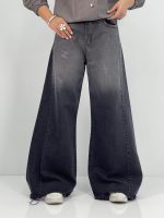 شلوار جین زنانه شافل بگ زغالی با سنگشور صدفی