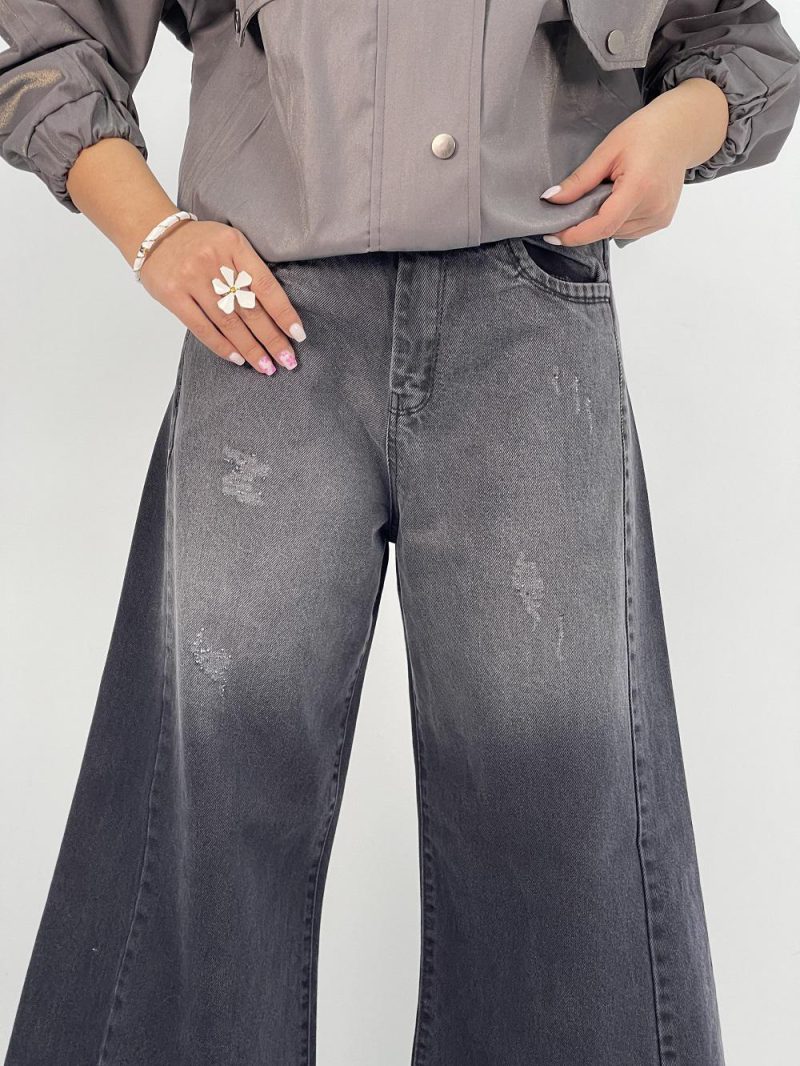 شلوار جین زنانه شافل بگ زغالی با سنگشور صدفی