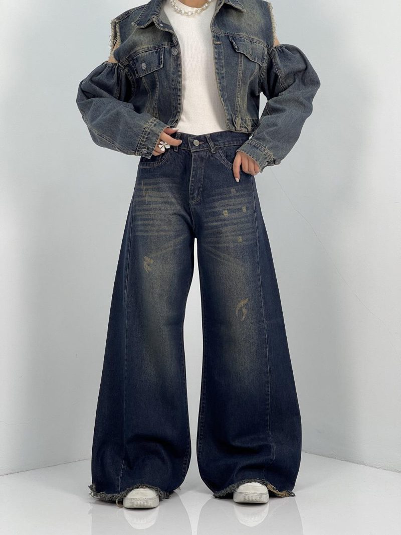 شلوار جین زنانه شافل بگ سرمه ای با سنگشور خاص