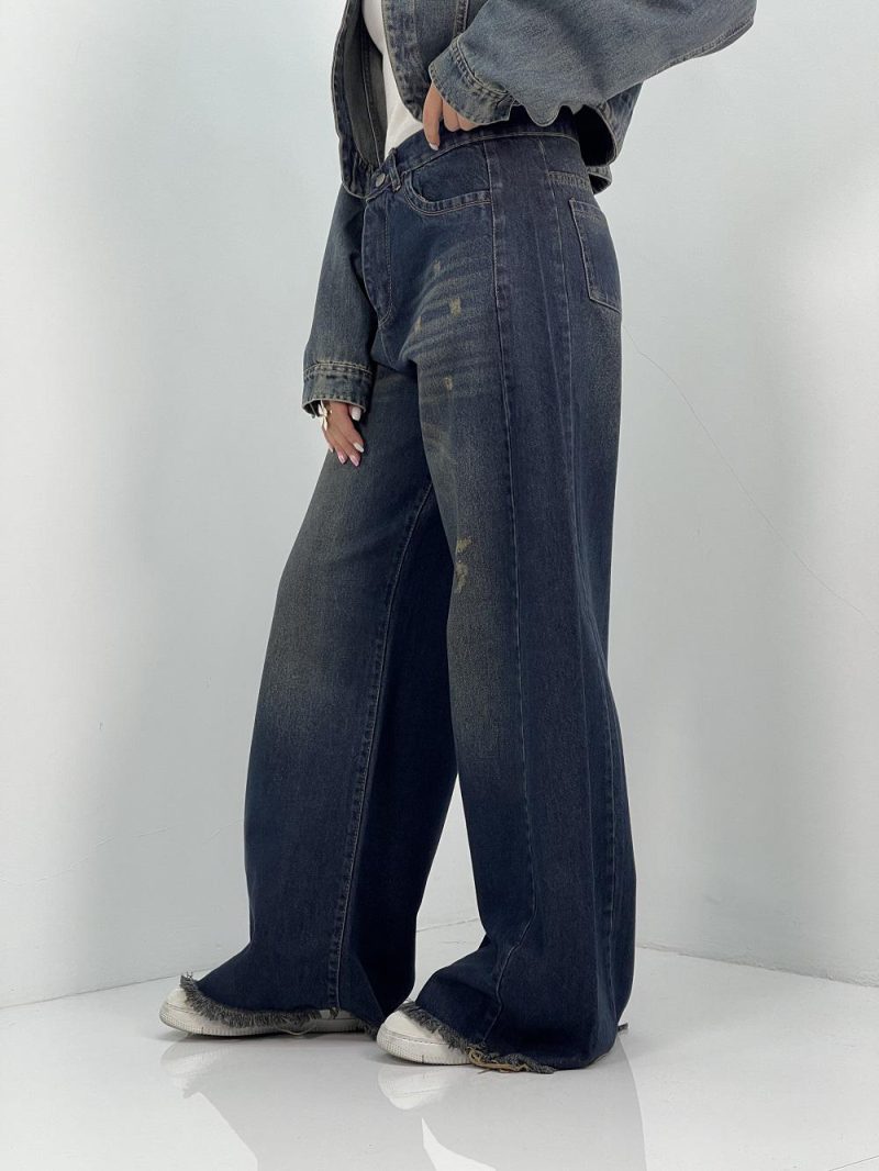 شلوار جین زنانه شافل بگ سرمه ای با سنگشور خاص