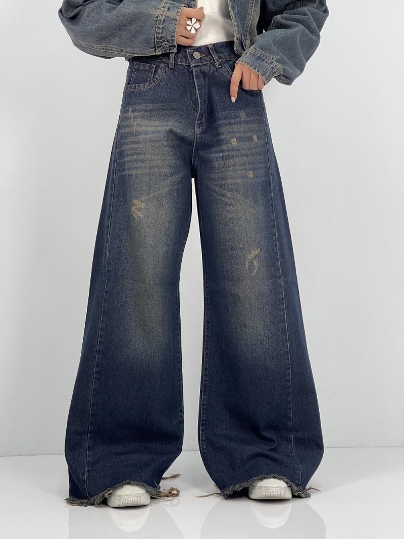 شلوار جین زنانه شافل بگ سرمه ای با سنگشور خاص