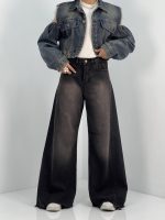 شلوار جین زنانه شافل بگ با سنگشور کرم قهوه ای