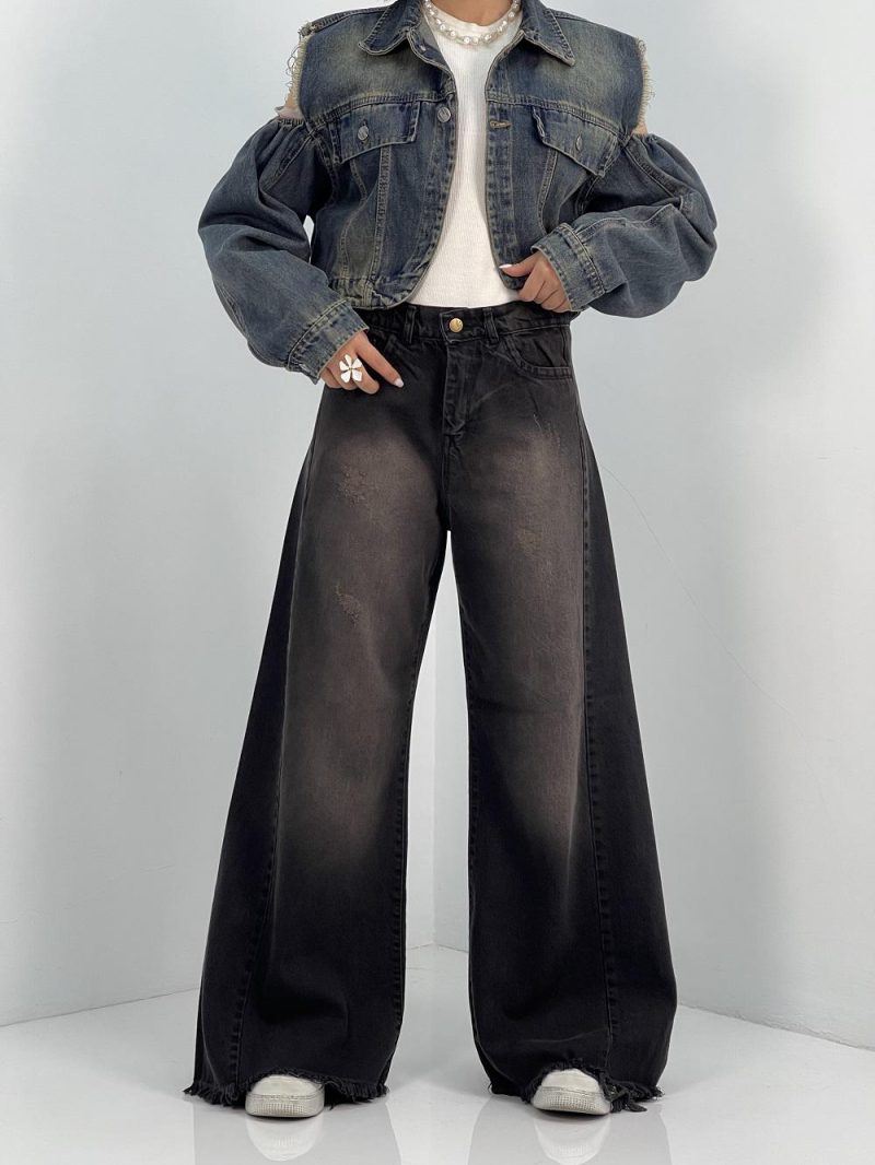 شلوار جین زنانه شافل بگ با سنگشور کرم قهوه ای