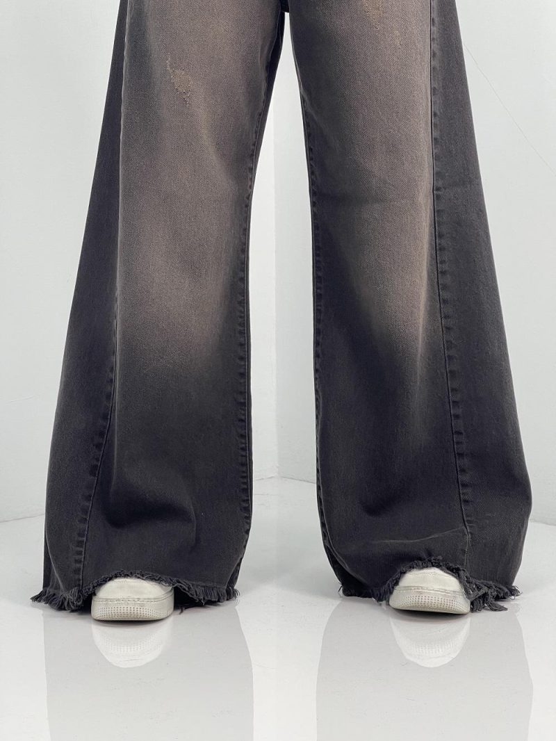 شلوار جین زنانه شافل بگ با سنگشور کرم قهوه ای