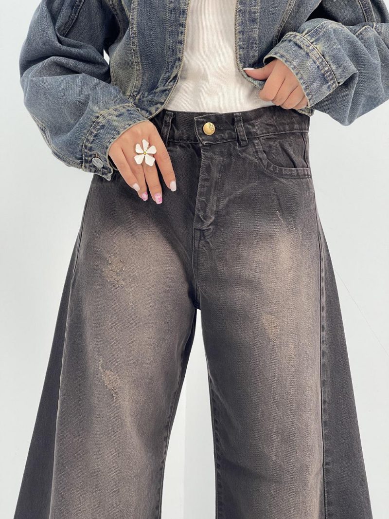 شلوار جین زنانه شافل بگ با سنگشور کرم قهوه ای