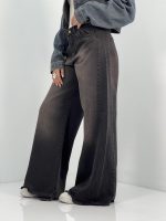 شلوار جین زنانه شافل بگ با سنگشور کرم قهوه ای